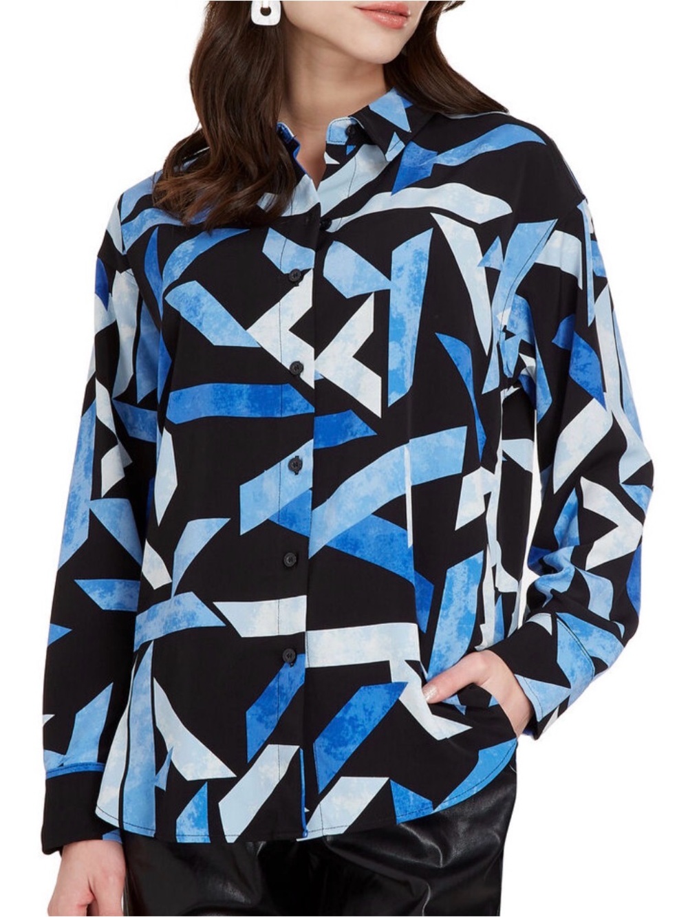 Karl Lagerfeld Black Button-Down Shirt with Blue Geometric Print